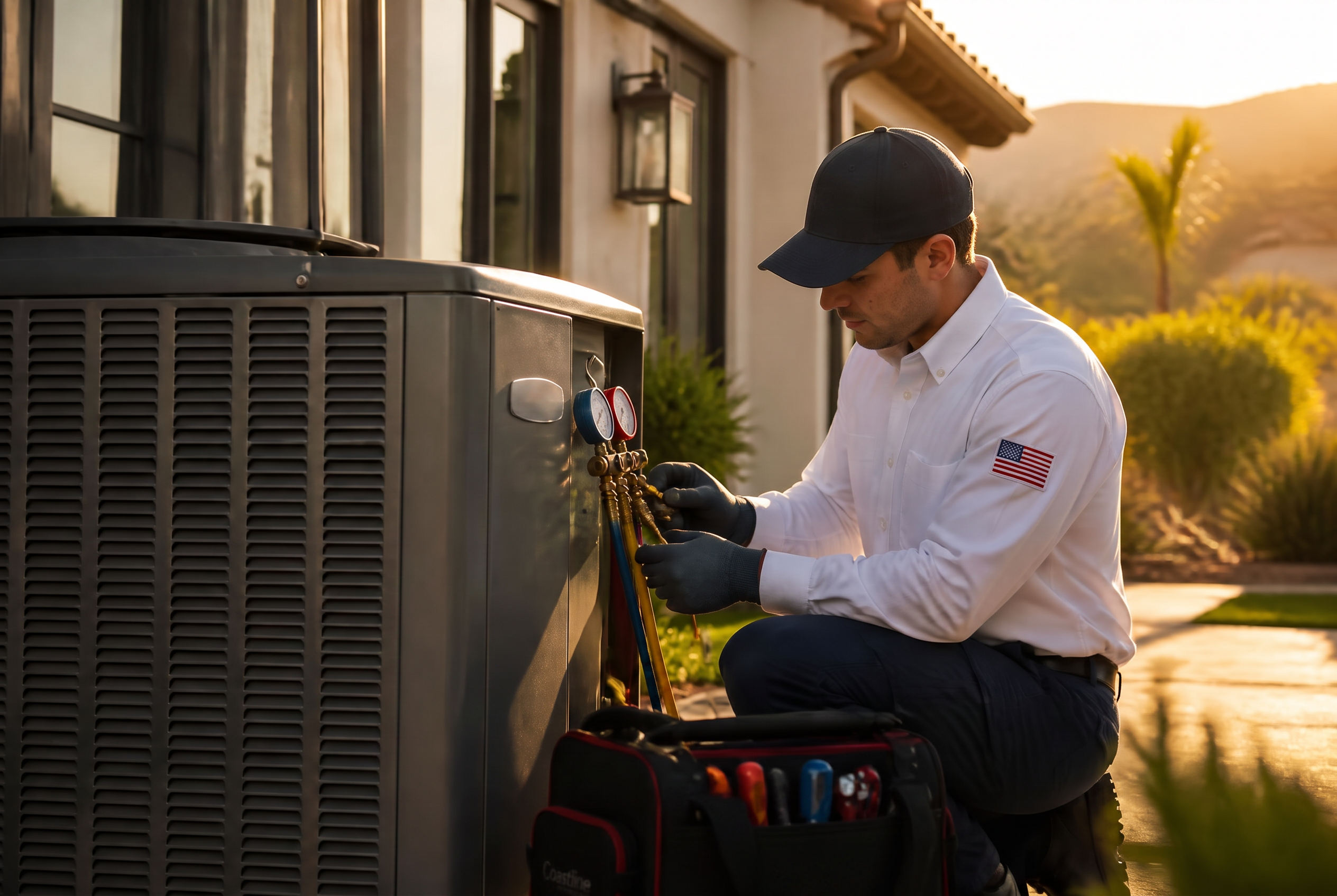 CD HVAC technician servicing a modern air conditioning condenser at a Woodland Hills home